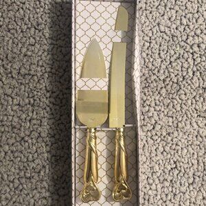 2Pc Set Cake Knife & Server Set Wedding Anniversary Hearts Goldtone Stainless